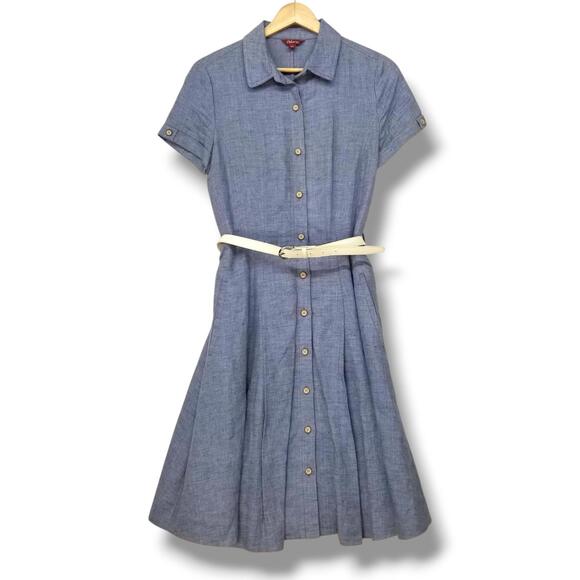 Dresses & Skirts - Osborne Linen Shirt Dress Womens US 10 Korean Size 55 Blue Short Sleeve Belted